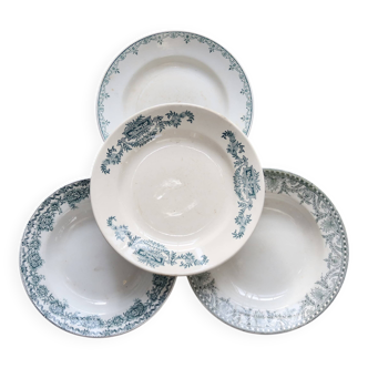 Mismatched vintage half-soup plates in ironstone - Green decor