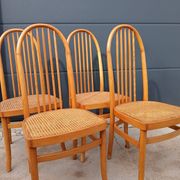 Set of 4 vintage Baumann chairs in honey wood and cane.