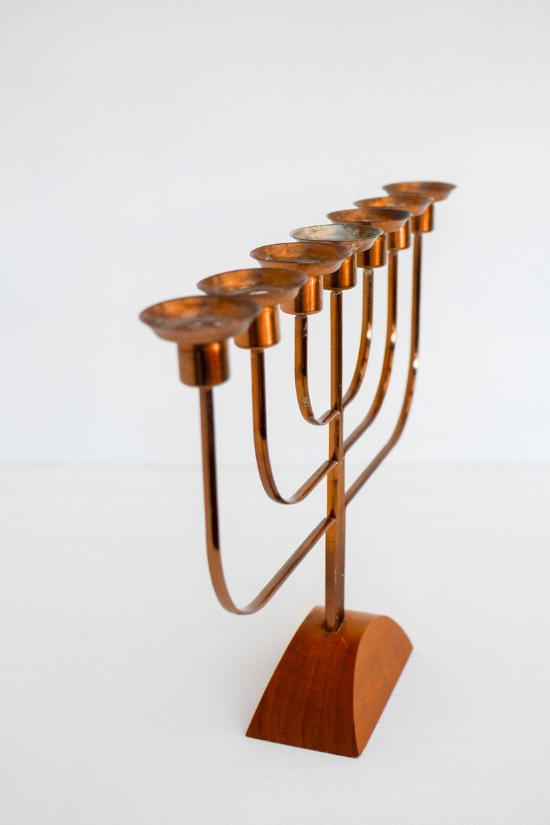 Large vintage brass and elm candelabra, 1940s