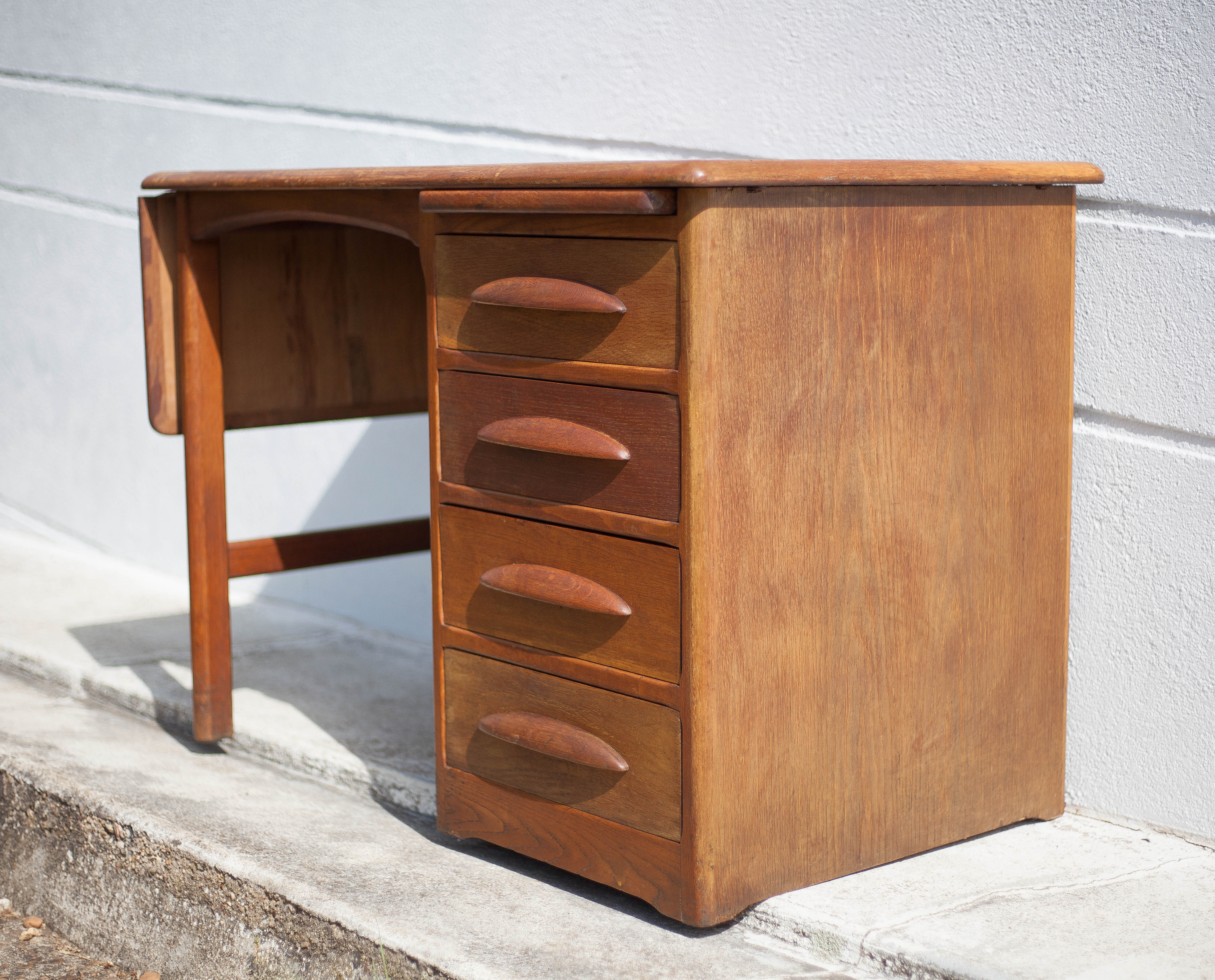 American wood desk, desk with drawers and folding extension, 50s