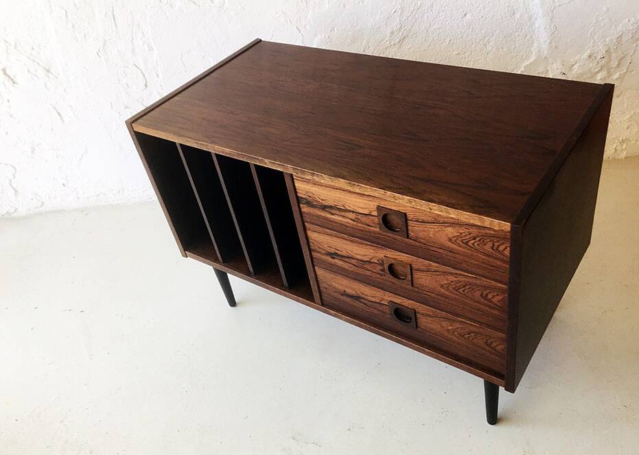 Wooden sideboard with 3 drawers and vinyl storage, Denmark 1970