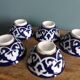 5 Uzbekistan porcelain tea bowls or cups, cobalt and gold decor