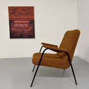 Vintage metal armchair with orange boucle fabric, French design from the 1950s.