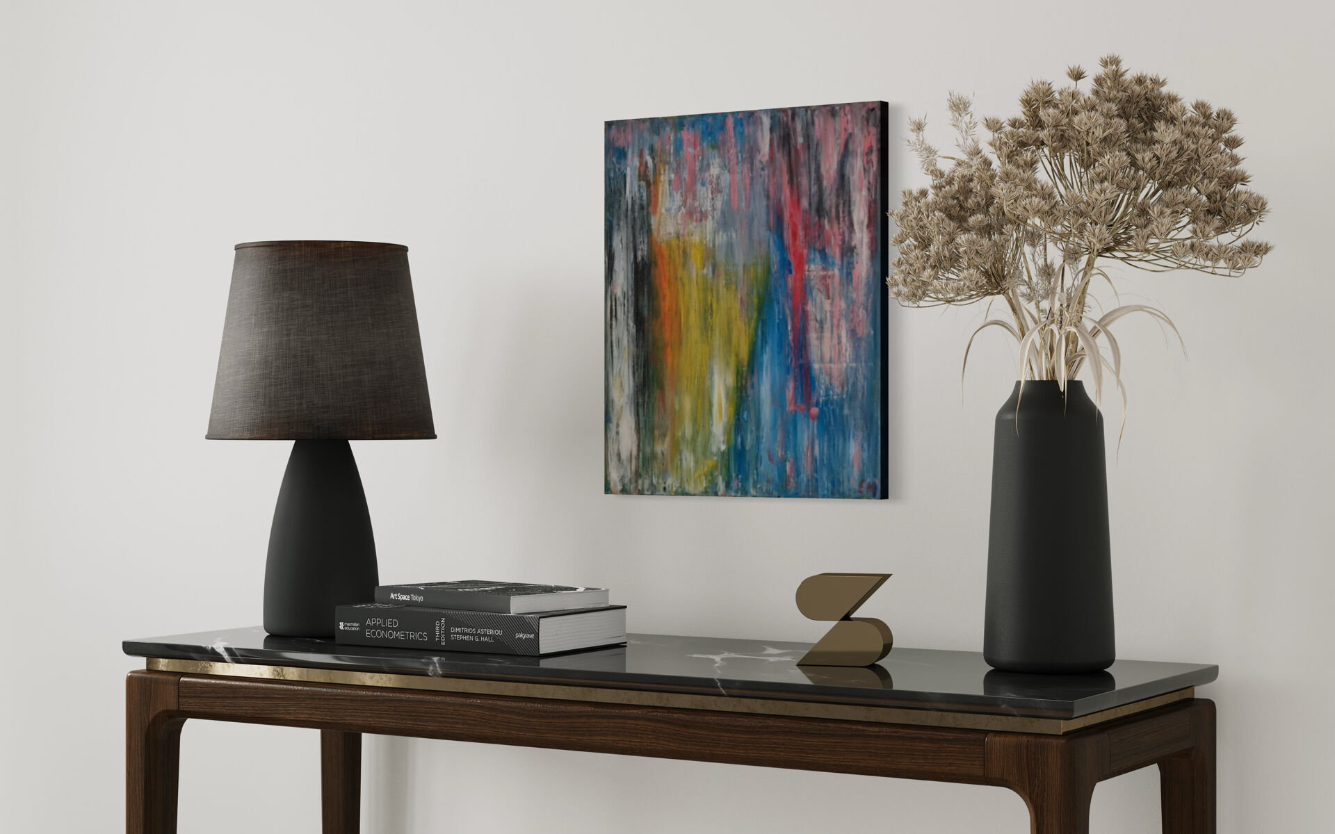 Multicoloured abstract table blue yellow pink 46x38 cm painting signed