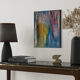 Multicoloured abstract table blue yellow pink 46x38 cm painting signed