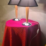 Pair of Scandinavian style bedside lamps in wood and chrome metal, electric ok, 40x25.