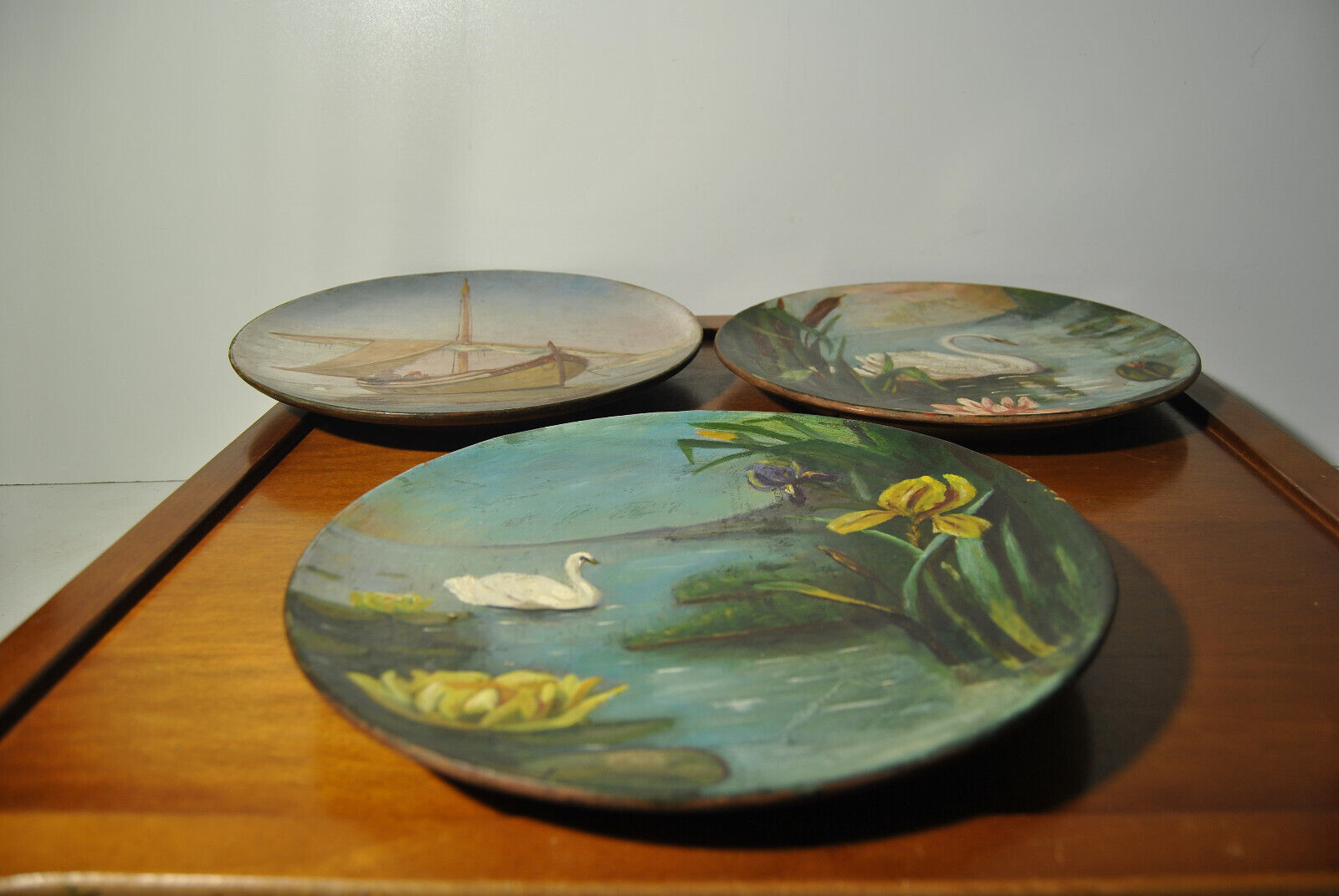 Set of 3 dishes 19th century terracotta painting 1895 boat lily lily swan