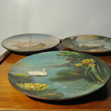 Set of 3 dishes 19th century terracotta painting 1895 boat lily lily swan