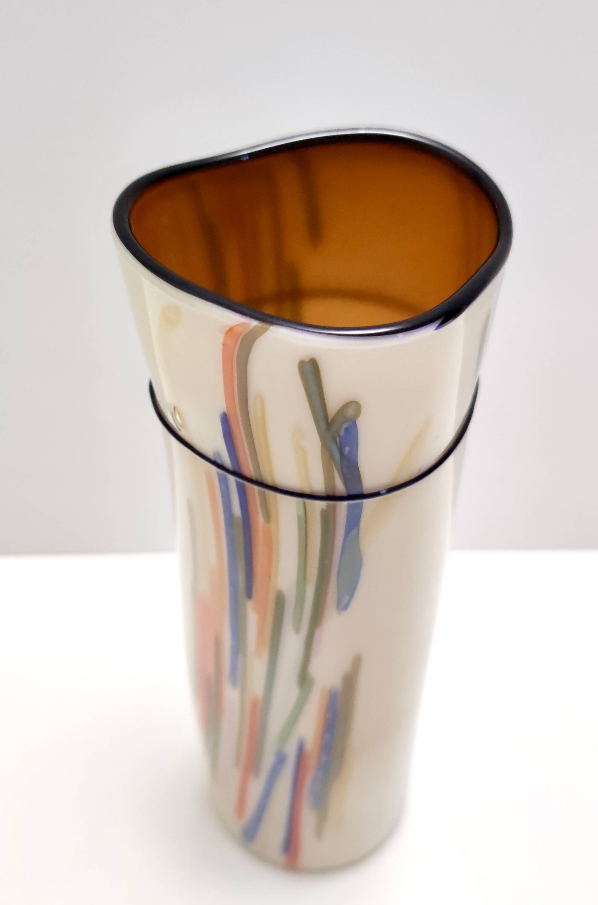 Beige Cylindric Encased and Hand-blown Opaline Glass Vase, Italy