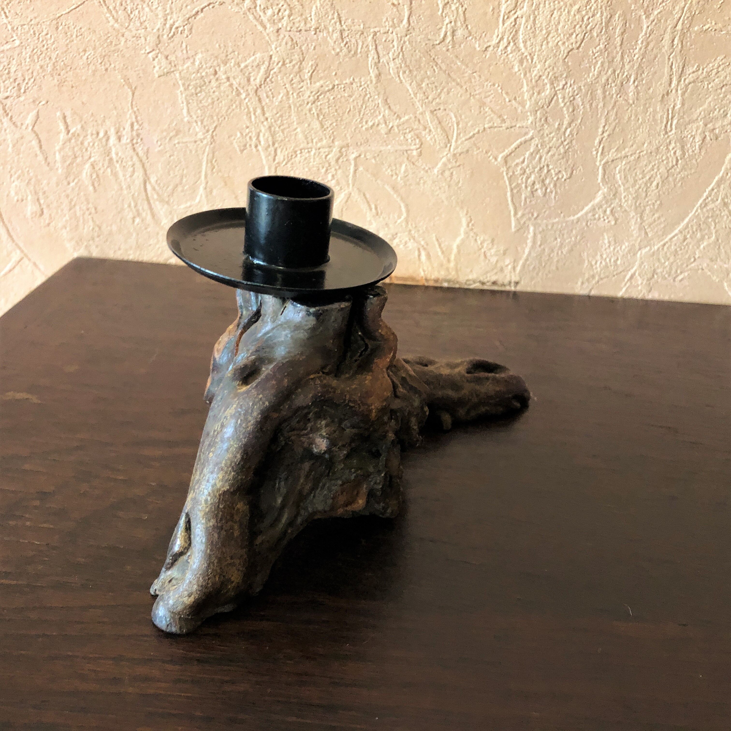Bougeoir artisanal bois cep de vigne et fer forgé vintage
