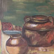 Peinture à l'huile de pot en cuivre de cuisine rustique - 1962