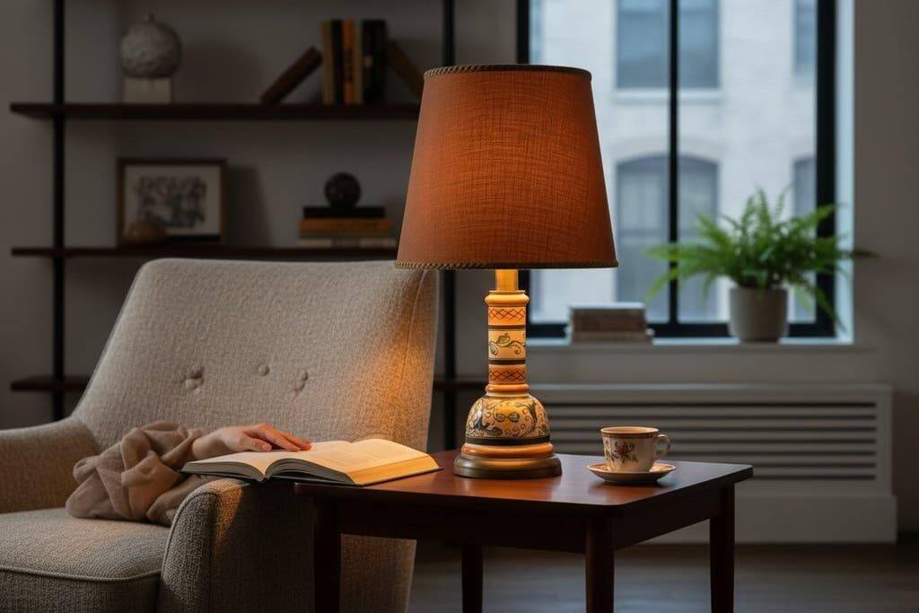 Vintage orange Portuguese table lamp with a ceramic base.