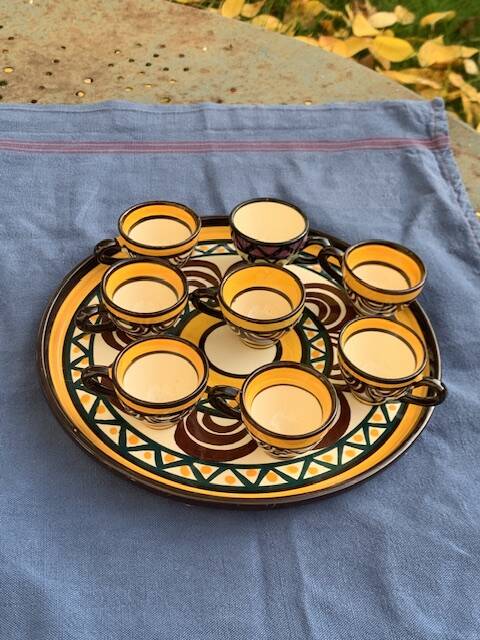 Tray, plate and 8 liqueur cups in ceramic from St Jean de Bretagne vintage 1950/60