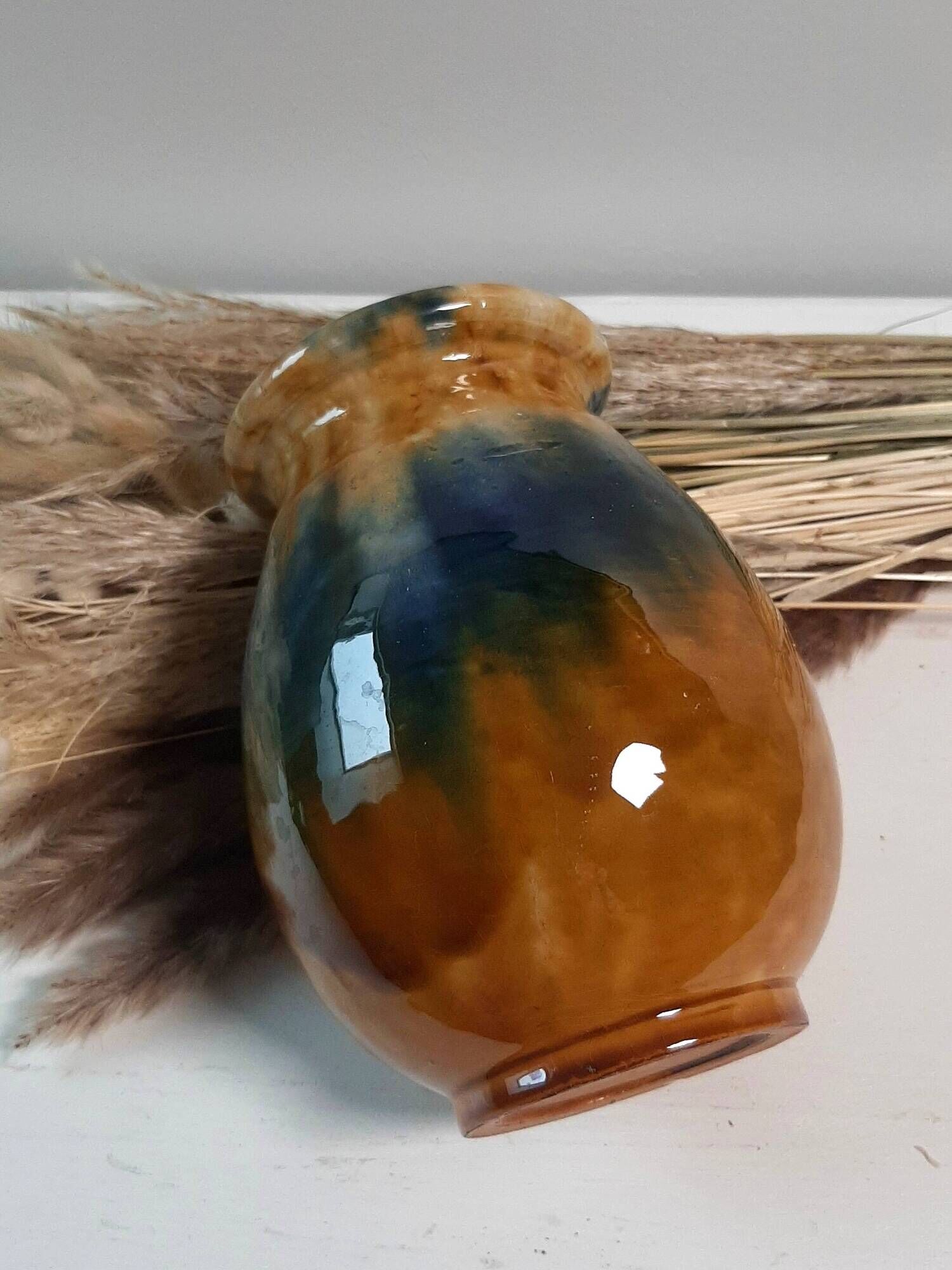 Aetgina vase Vallauris vintage in ochre and blue glazed ceramic.
