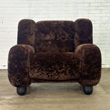 Fauteuil vintage italien en velours marron foncé
