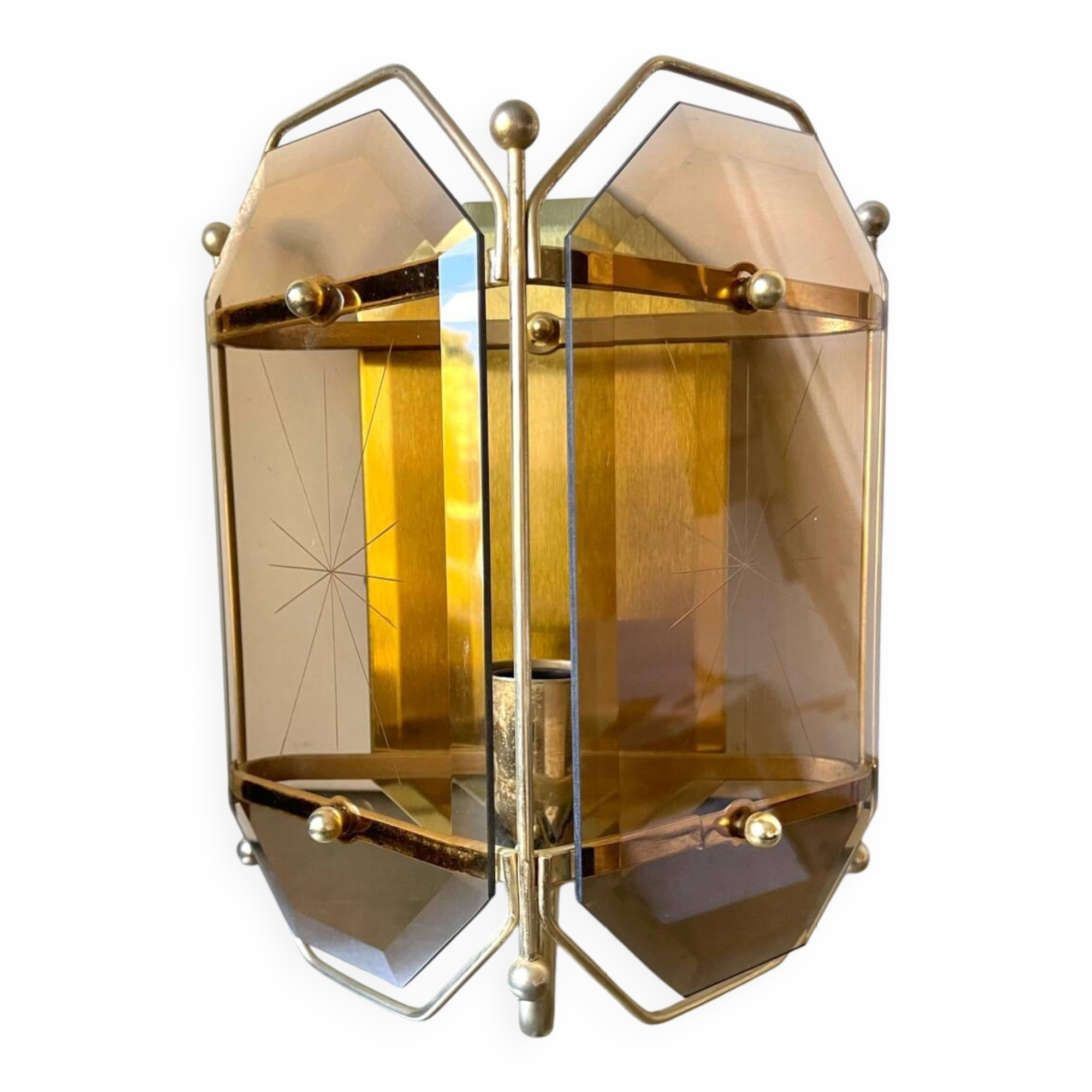 Scandinavian Vintage  wall light Sconce in Brass & Amber colored Glass