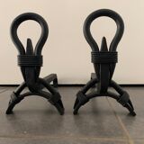 Paire de chenets de cheminée en fer forgé noir français, 1960