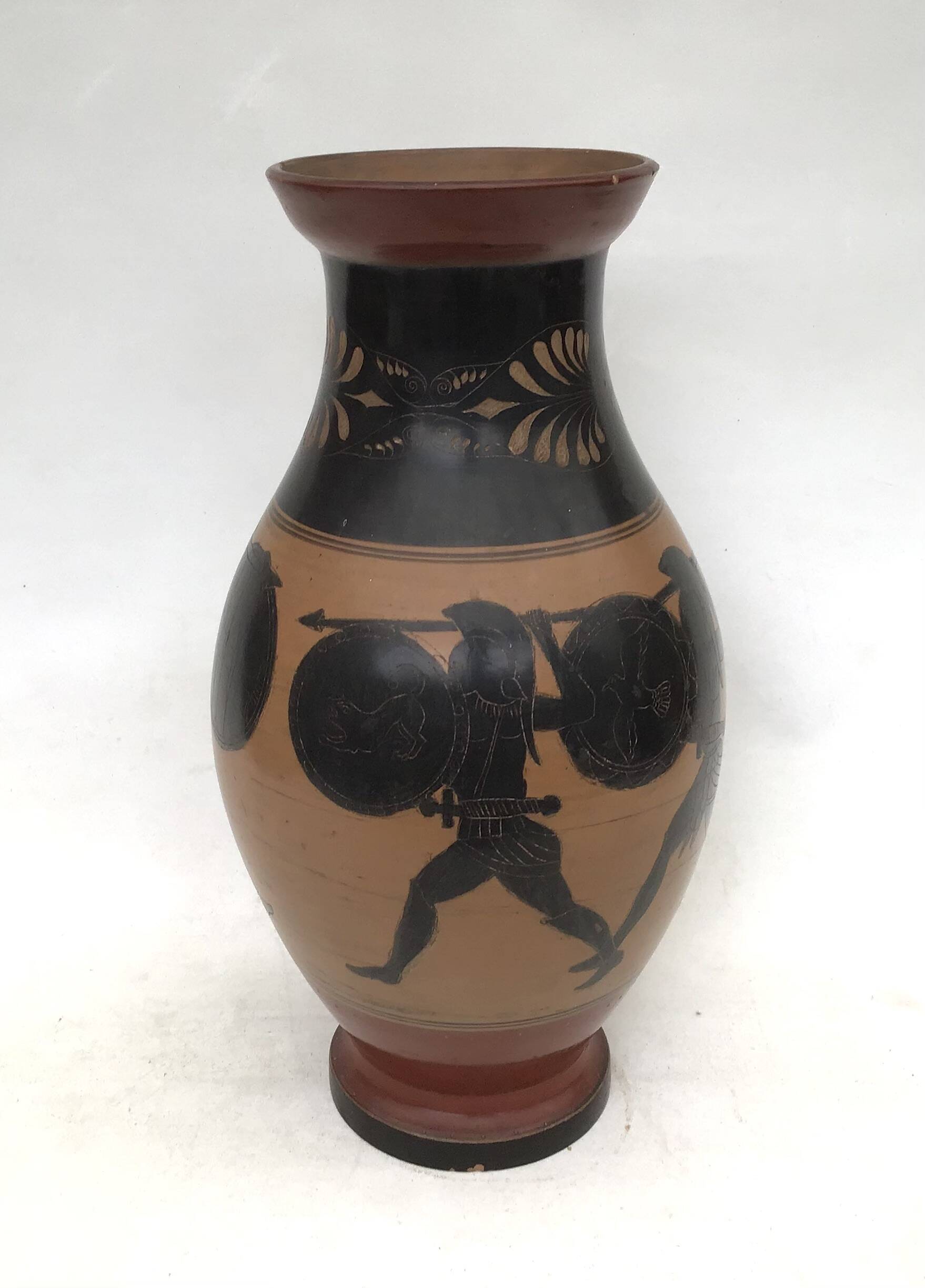 Reproduction of a Greek Attic-style black-figure vase depicting warriors
