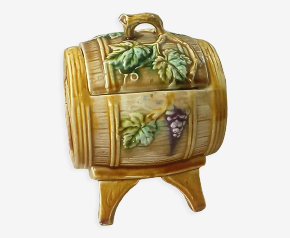 Pot a tabac en barbotine onnaing tonneau feuille de vigne raisin fin 19 eme