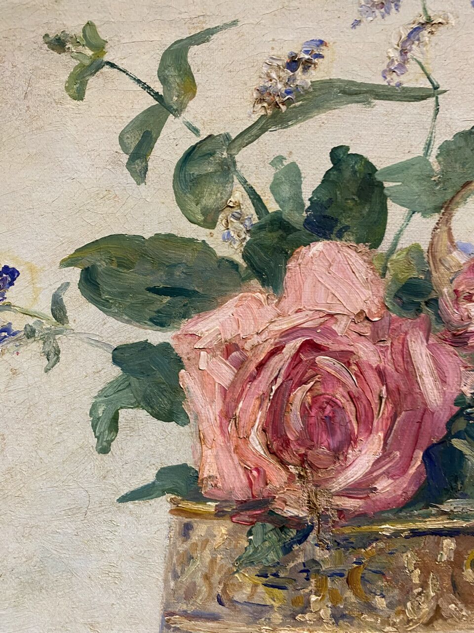Old painting, still life with roses and oranges, signed circa 1950.