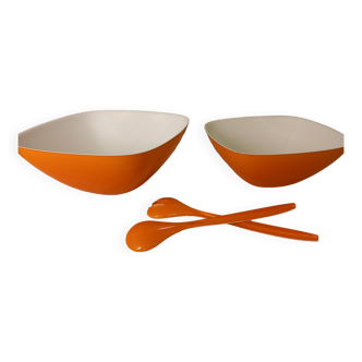 Set of two two-tone orange and white salad bowls + salad cutlery, vintage, Guzzini