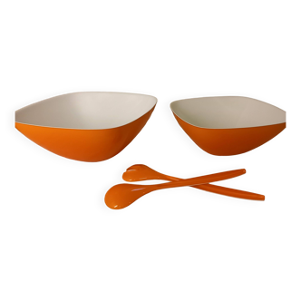 Lot de deux saladiers bicolores orange et blanc + couverts à salade, vintage, Guzzini