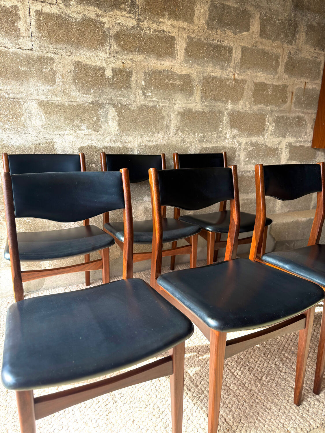 Scandinavian teak chairs, black faux leather (x6)