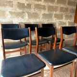 Scandinavian teak chairs, black faux leather (x6)