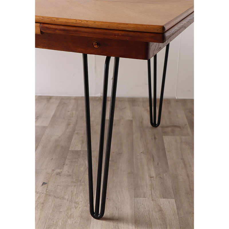 Vintage extendable dining table in wood and metal base, 1950
