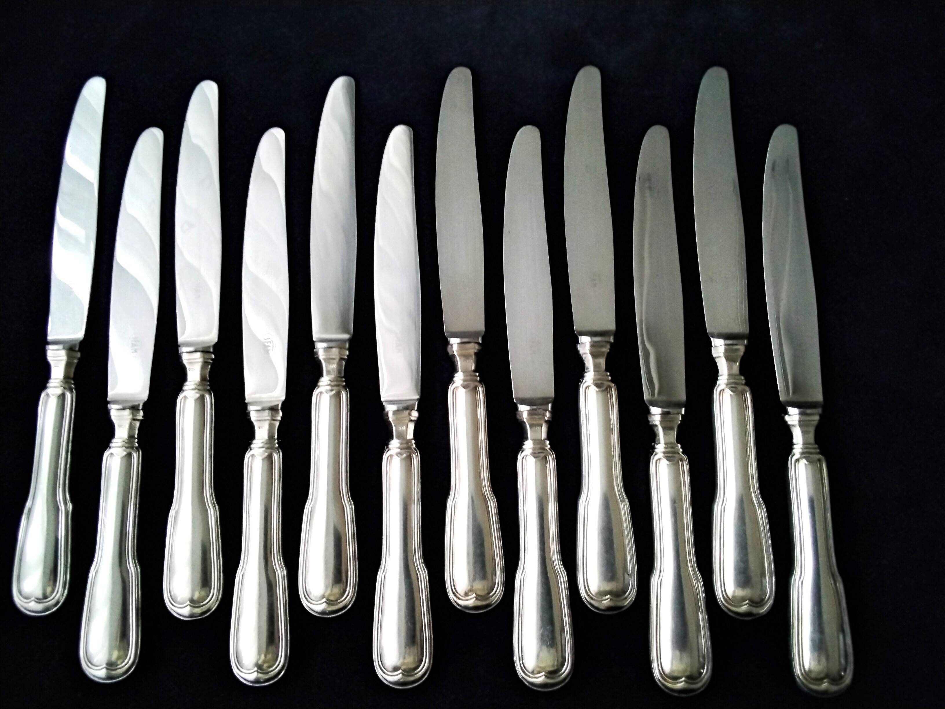 Box of 12 silver metal table knives SFAM Model Filet