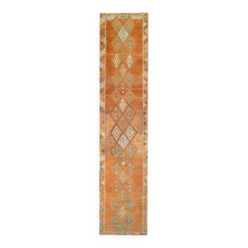 Vintage Turkish hand-knotted wool cotton orange runner rug 83x388
