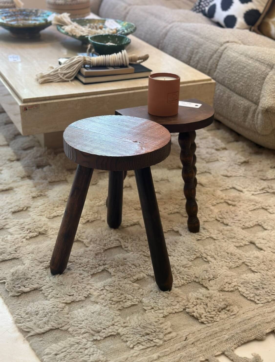 Vintage brutalist tripod stool compass legs - wood