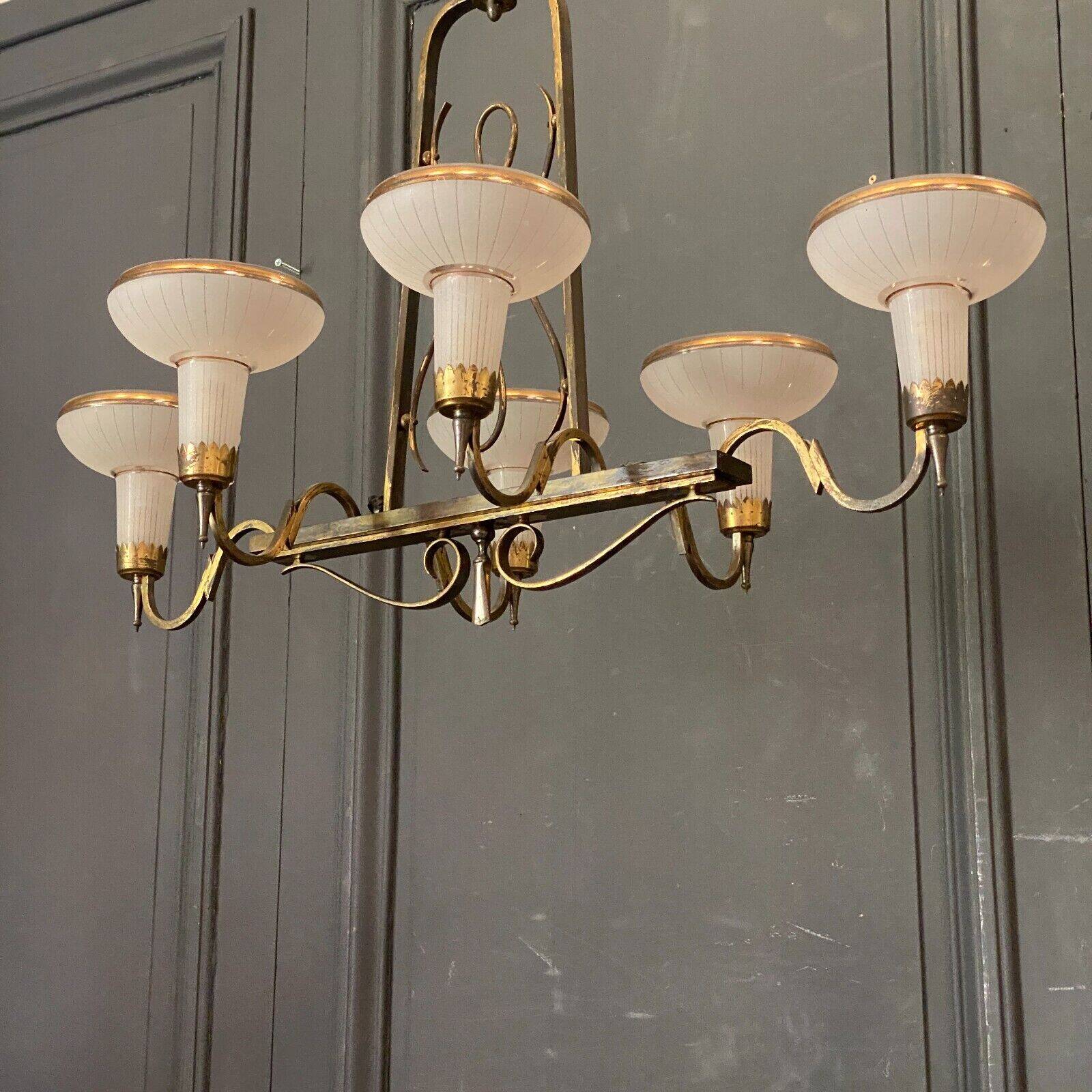 Chandelier in gilded metal 1950 6 lights cut in frosted glass