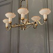 Chandelier in gilded metal 1950 6 lights cut in frosted glass