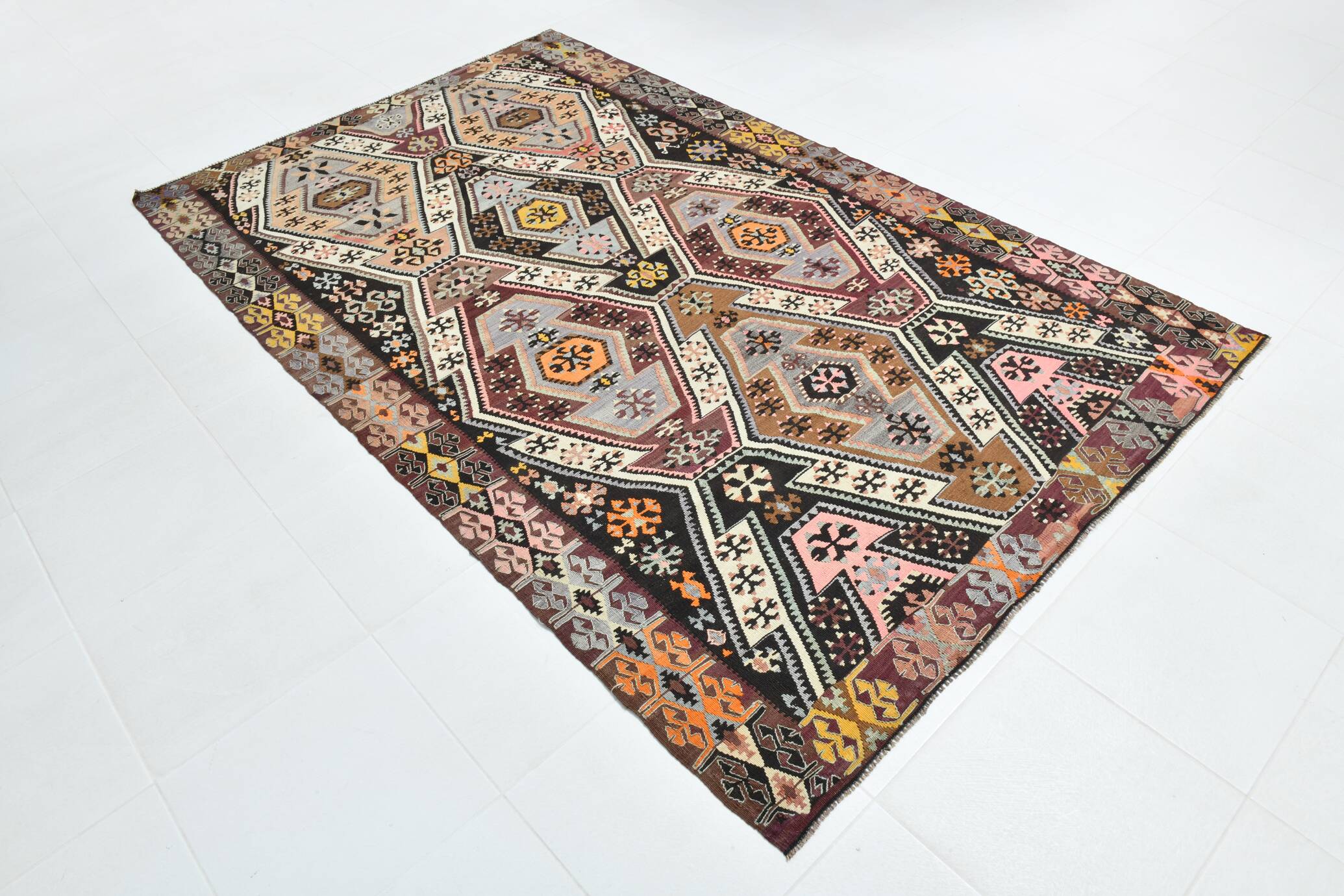 6x9 Wine Red Anatolian Kilim Rug, Faded Pink Oushak Wool Rug, 168x274Cm