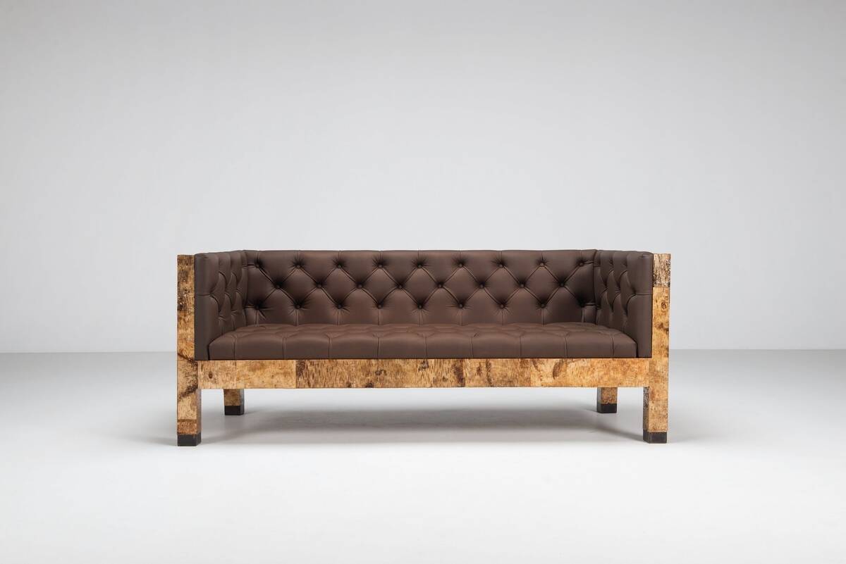 Werner Neumann sculptural birchwood sofa in birch bark and leather, The Netherlands
