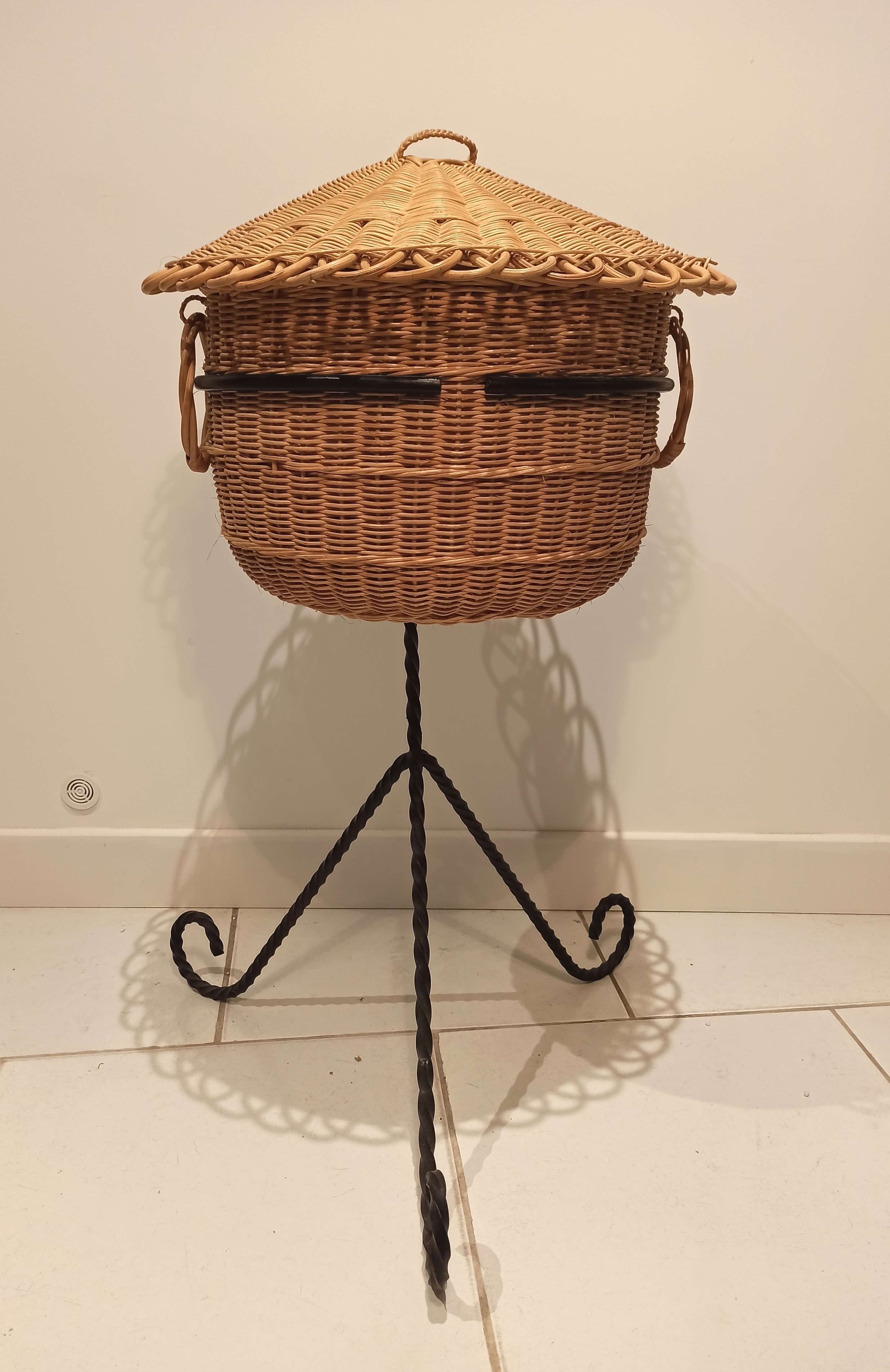 Vintage black metal tripod worker basket and wicker lid