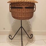 Vintage black metal tripod worker basket and wicker lid