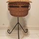 Vintage black metal tripod worker basket and wicker lid