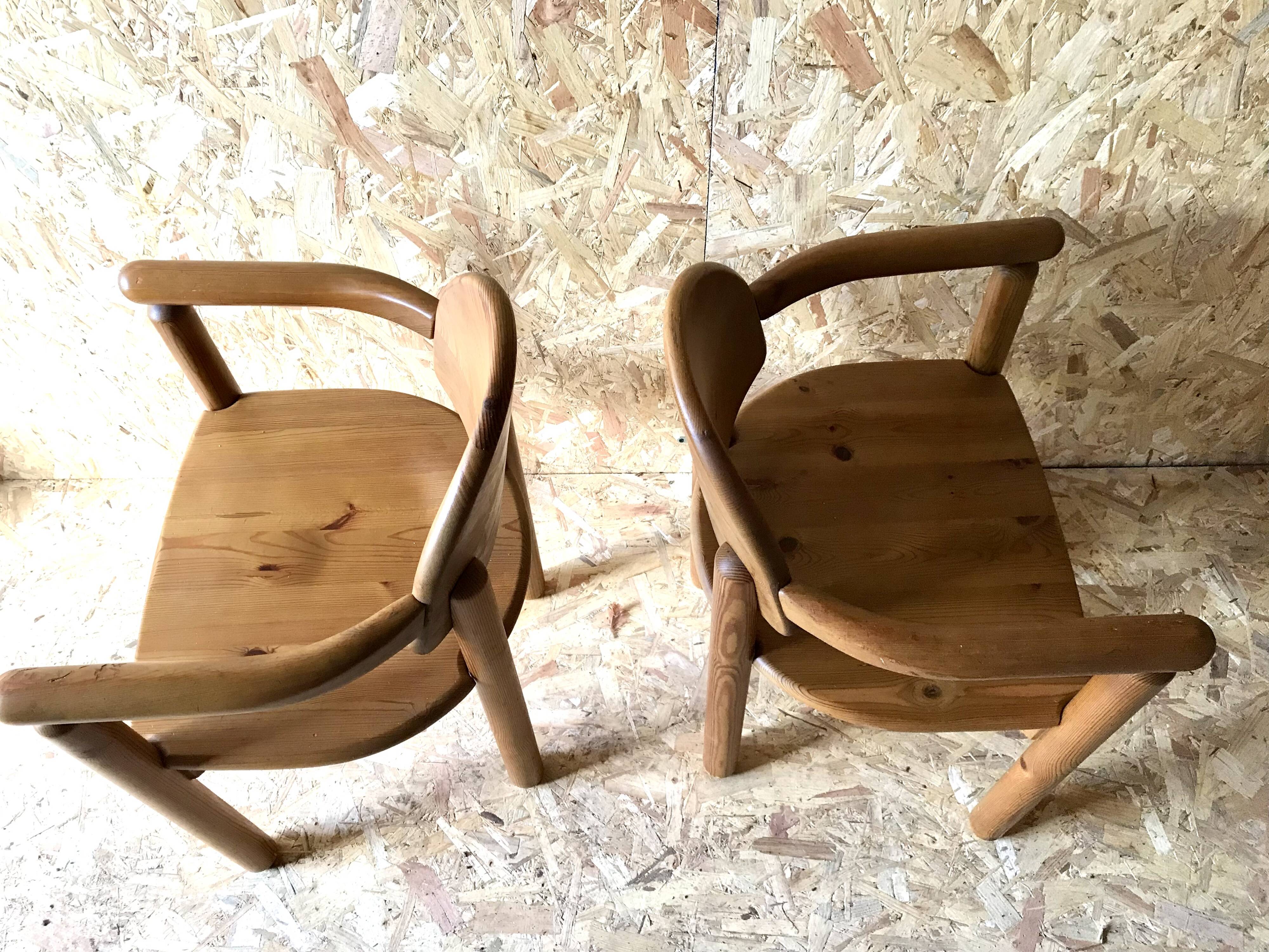 Pair of vintage brutalist armchairs in solid pine by Rainer Daumiller
