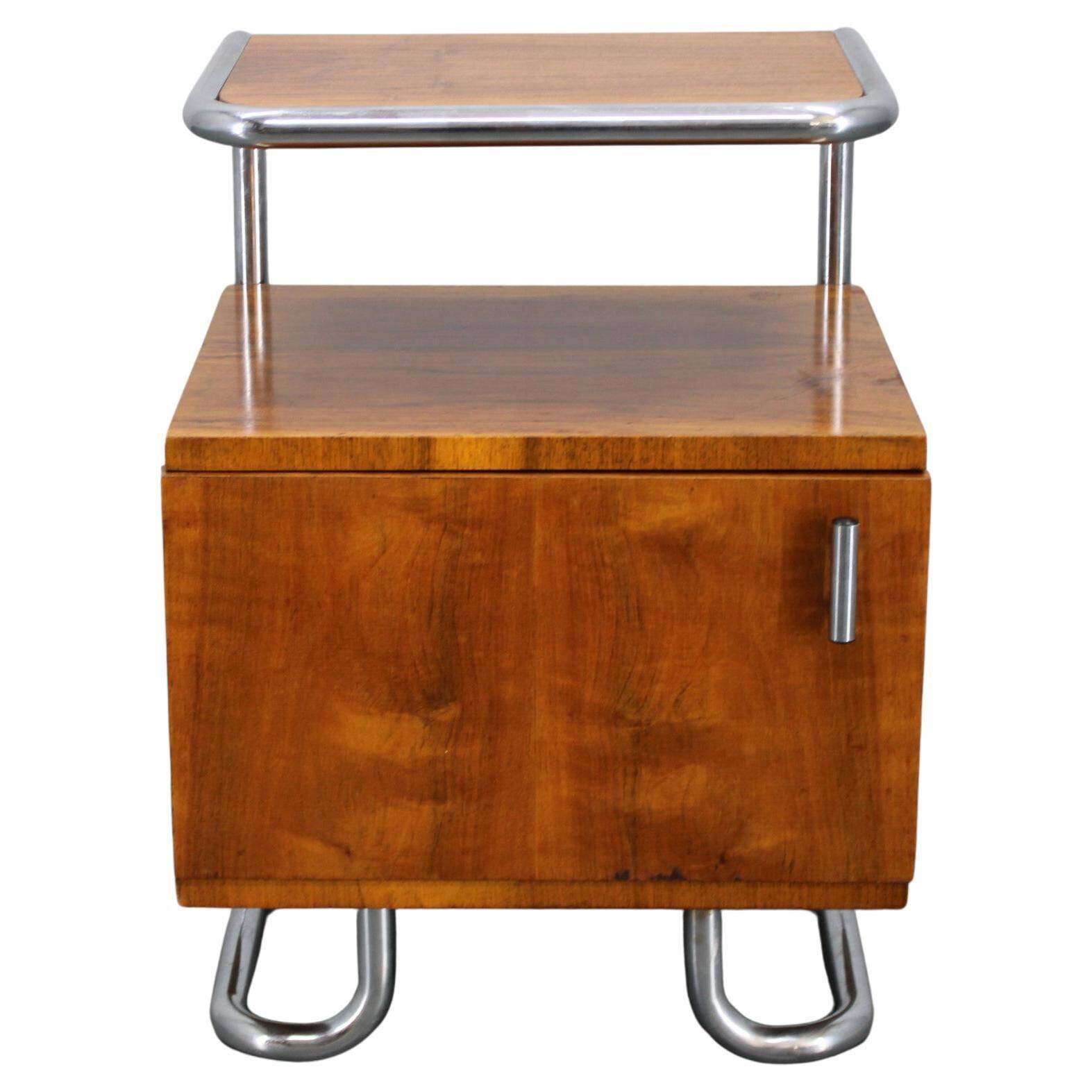 Restored Bauhaus chrome and walnut nightstand, Czechoslovakia 1940s