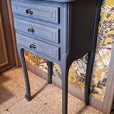 1950 bedside table in painted wood, trench grey color, renovated, 3 drawers