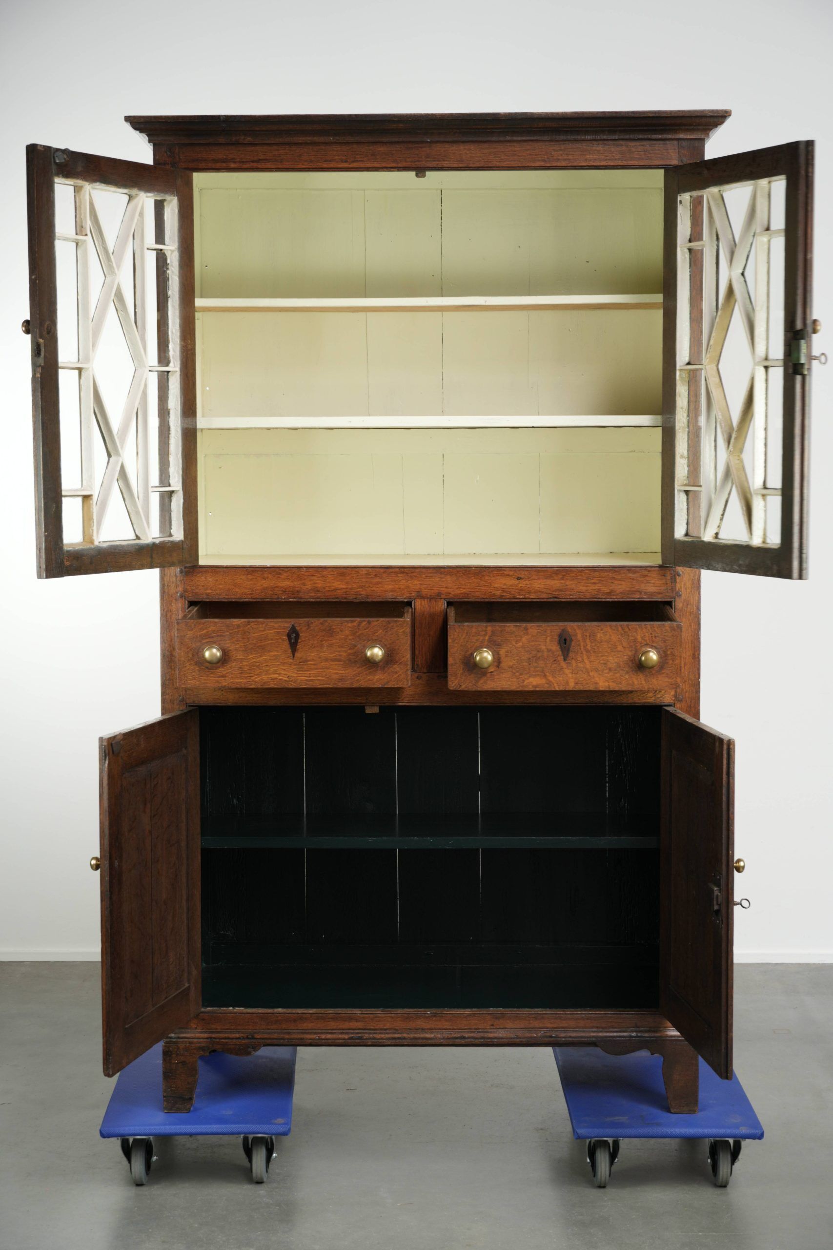 Antique 18th-century Welsh/English oak bookcase/buffet with original glass