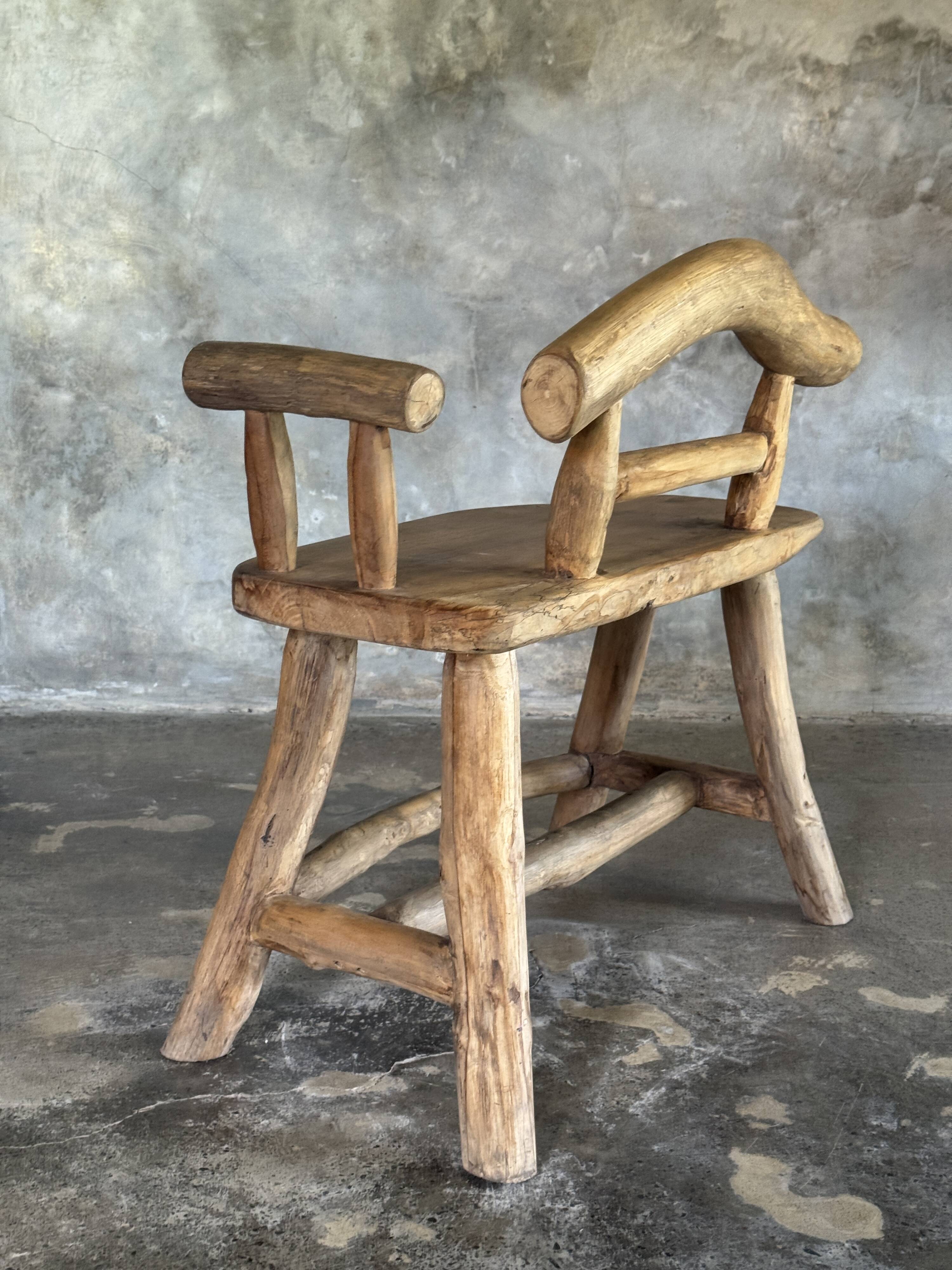Small brutalist bench with backrest and armrests in Asian blonde teak H67 L6