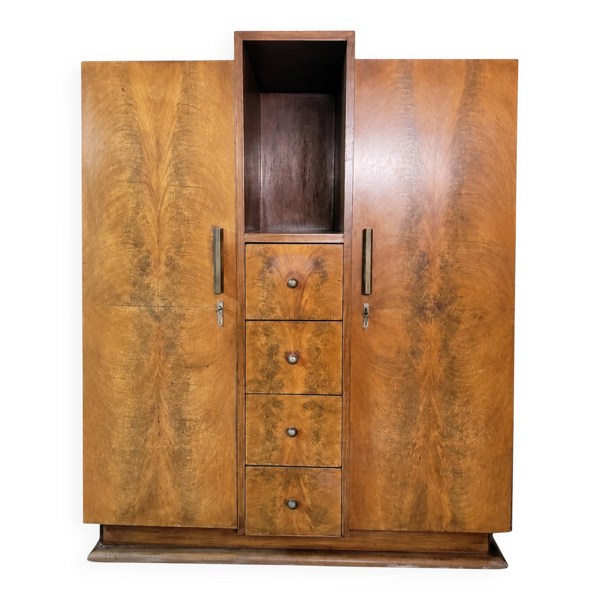 Armoire Art Déco, placage de ronce de bois, niche centrale & 4 tiroirs