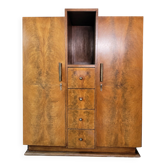 Armoire Art Déco, placage de ronce de bois, niche centrale & 4 tiroirs
