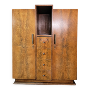 Art Deco wardrobe, walnut veneer, central niche & 4 drawers