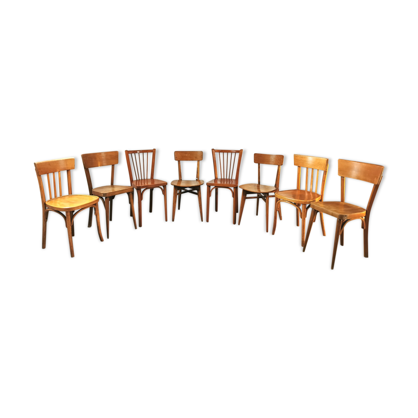 Series of 10 mismatched bistro chairs