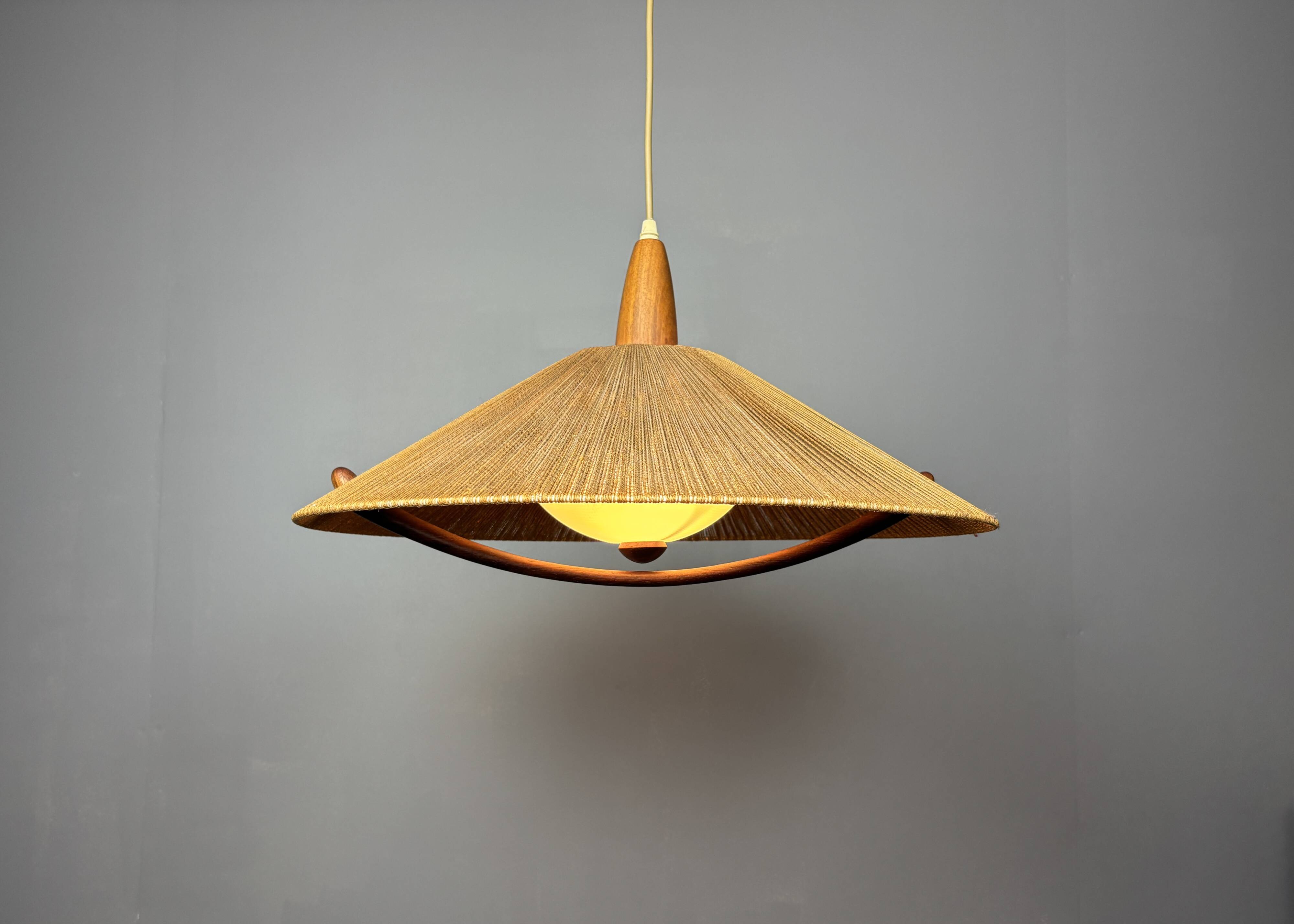 Large Mid-Century Teak and Sisal Cord Pendant from Temde Leuchten, 1960s