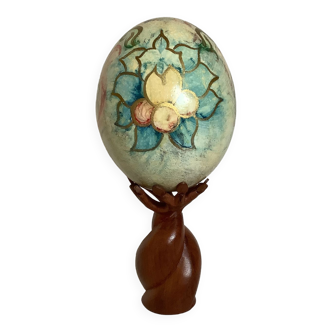 Hand-painted ostrich egg support turned wood